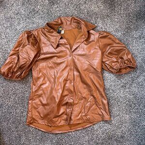 Misia Faux Leather blouse - tan/brown color